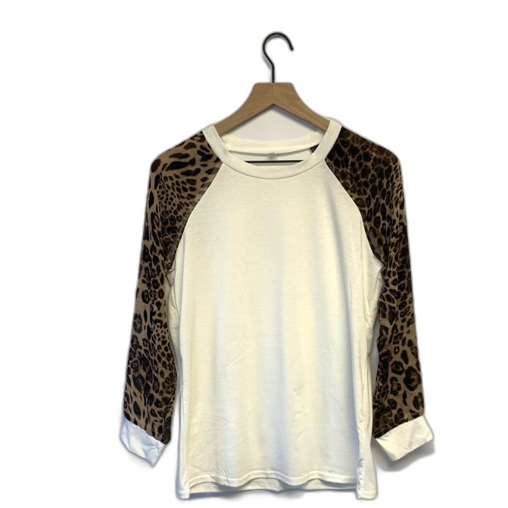 Raglan Top Women White Leopard Mesh Sleeve Large